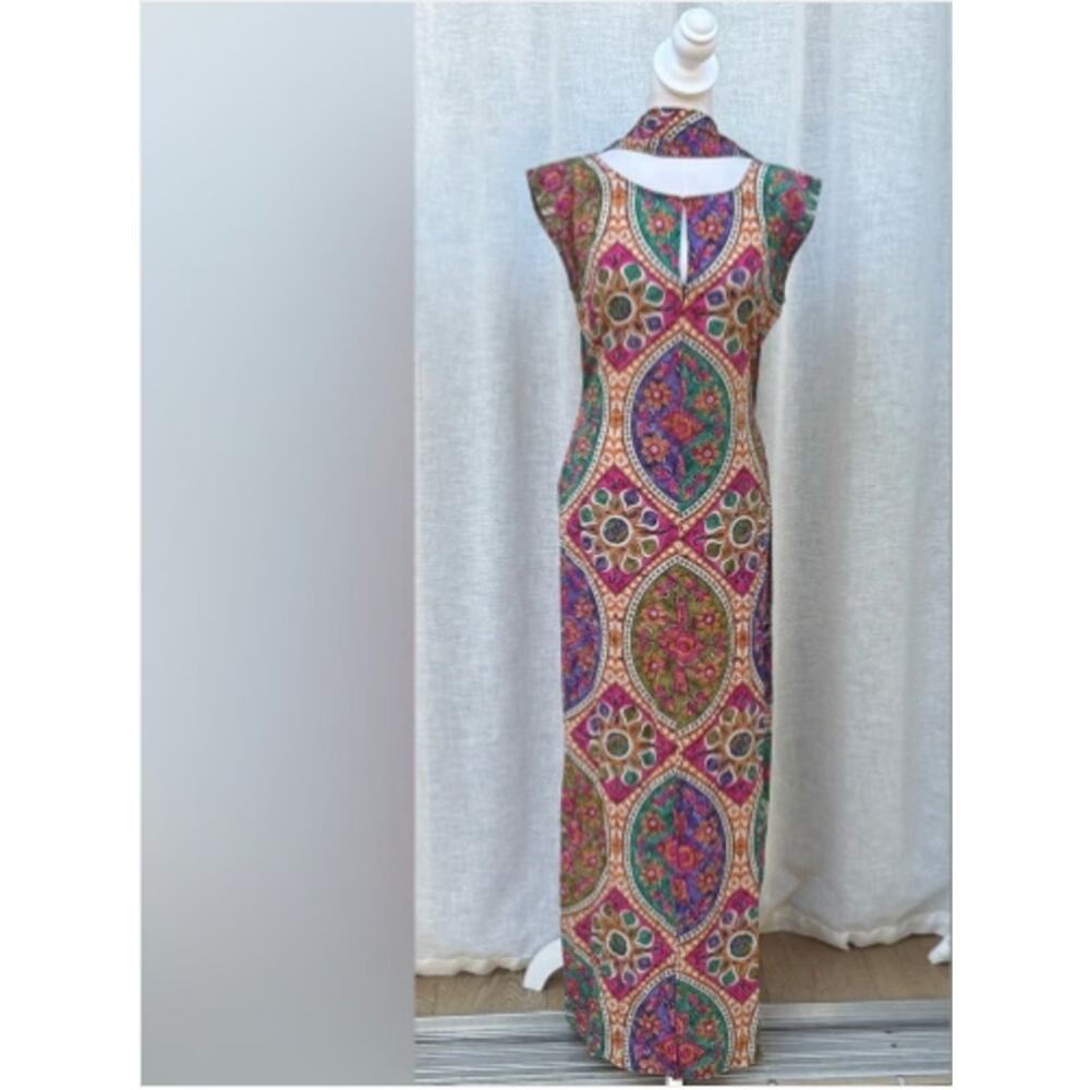 Calypso St. Barth-  Multicolor Boho Short Sleeve Maxi Silk Dress w/ Scarf.